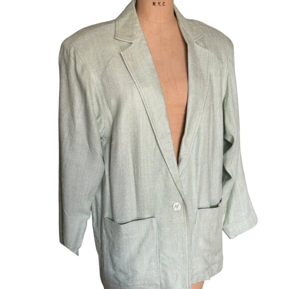 Savannah 100% Silk Mint Green Blazer Pockets & Single Button Closure Oversized M - Picture 7 of 9